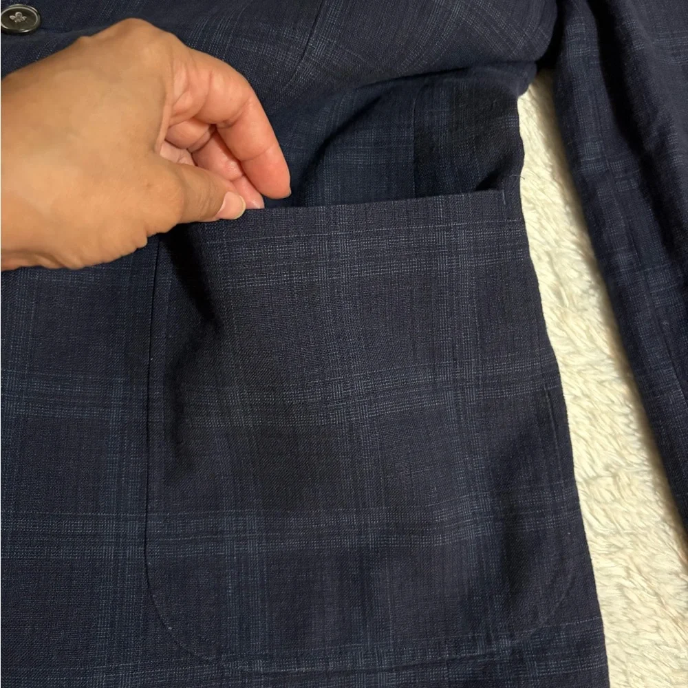 JOS A BANK Linen Men 44R Tailored Fit Blazer Sport Coat Jacket Blue Plaid